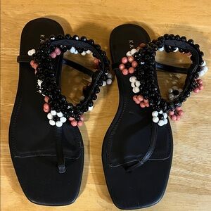 Katy Perry Collections Black Beaded Toe-Loop Sandals with Pink & White Accents